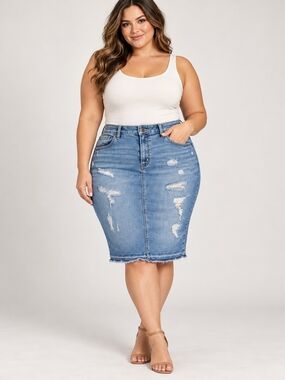 LANE BRYANT DISTRESSED DENIM STRETCH PENCIL SKIRT PLUS SZ 22